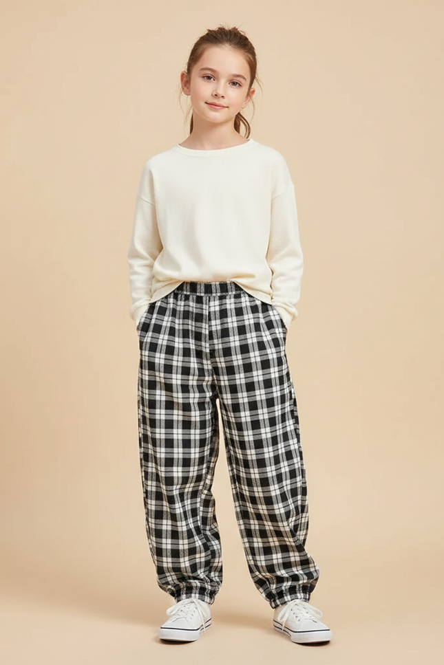 Pantalon Parachute Plaid Noir Ample Décontracté - Coton