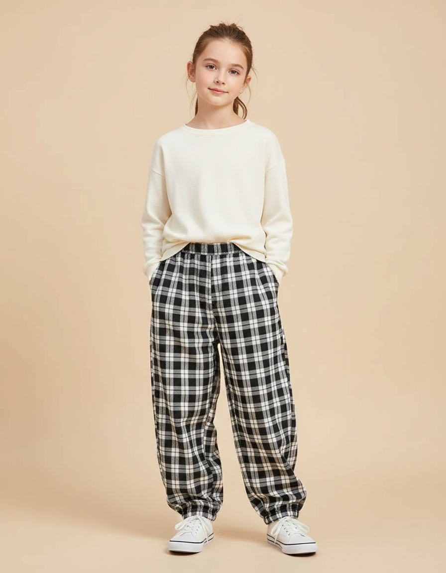 Pantalon Parachute Plaid Noir Ample Décontracté - Coton