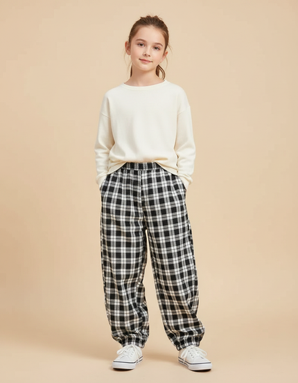 Pantalon Parachute Plaid Noir Ample Décontracté - Coton