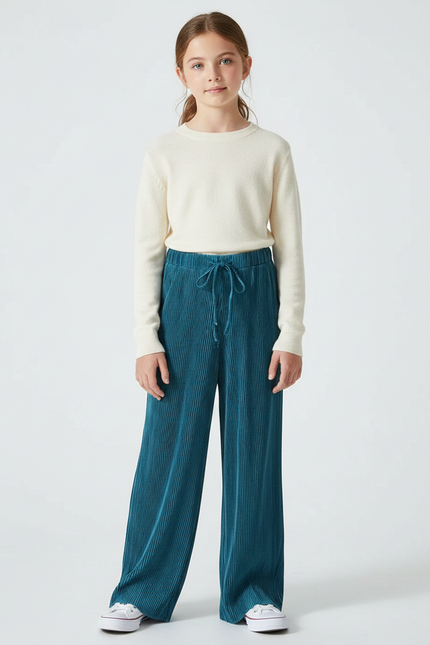 Pantalon Parachute Plissé Ample Fluide Vert Canard - Cordé