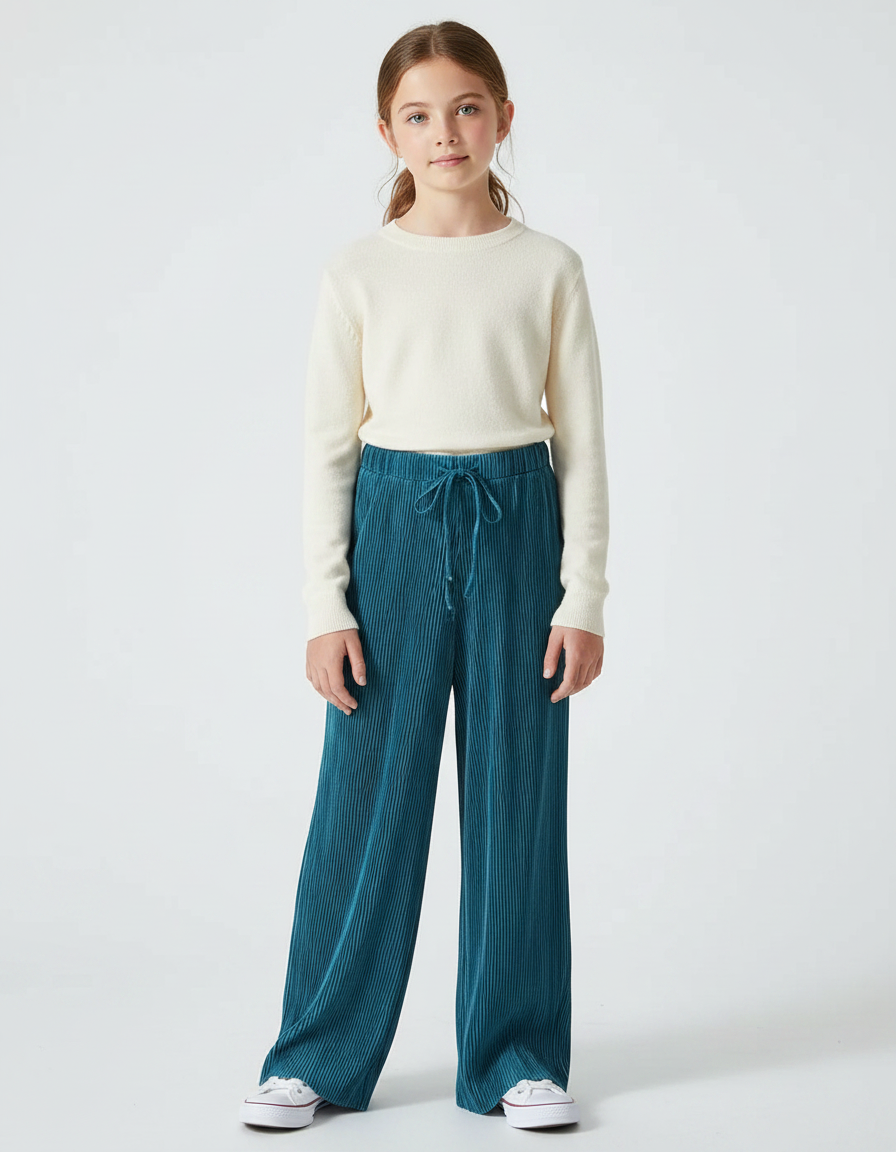 Pantalon Parachute Plissé Ample Fluide Vert Canard - Cordé