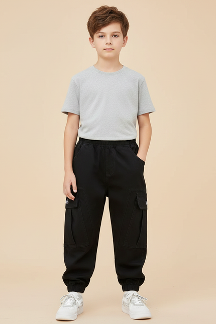 Pantalon Parachute Noir Cargo Ample Garçon Décontracté - Toile