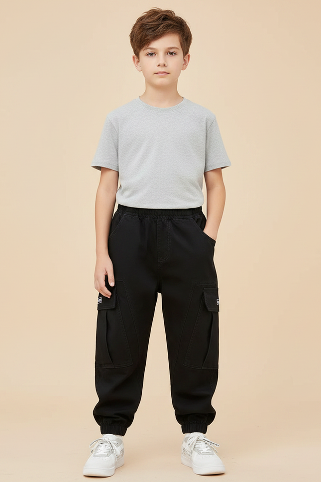 Pantalon Parachute Noir Cargo Ample Garçon Décontracté - Toile