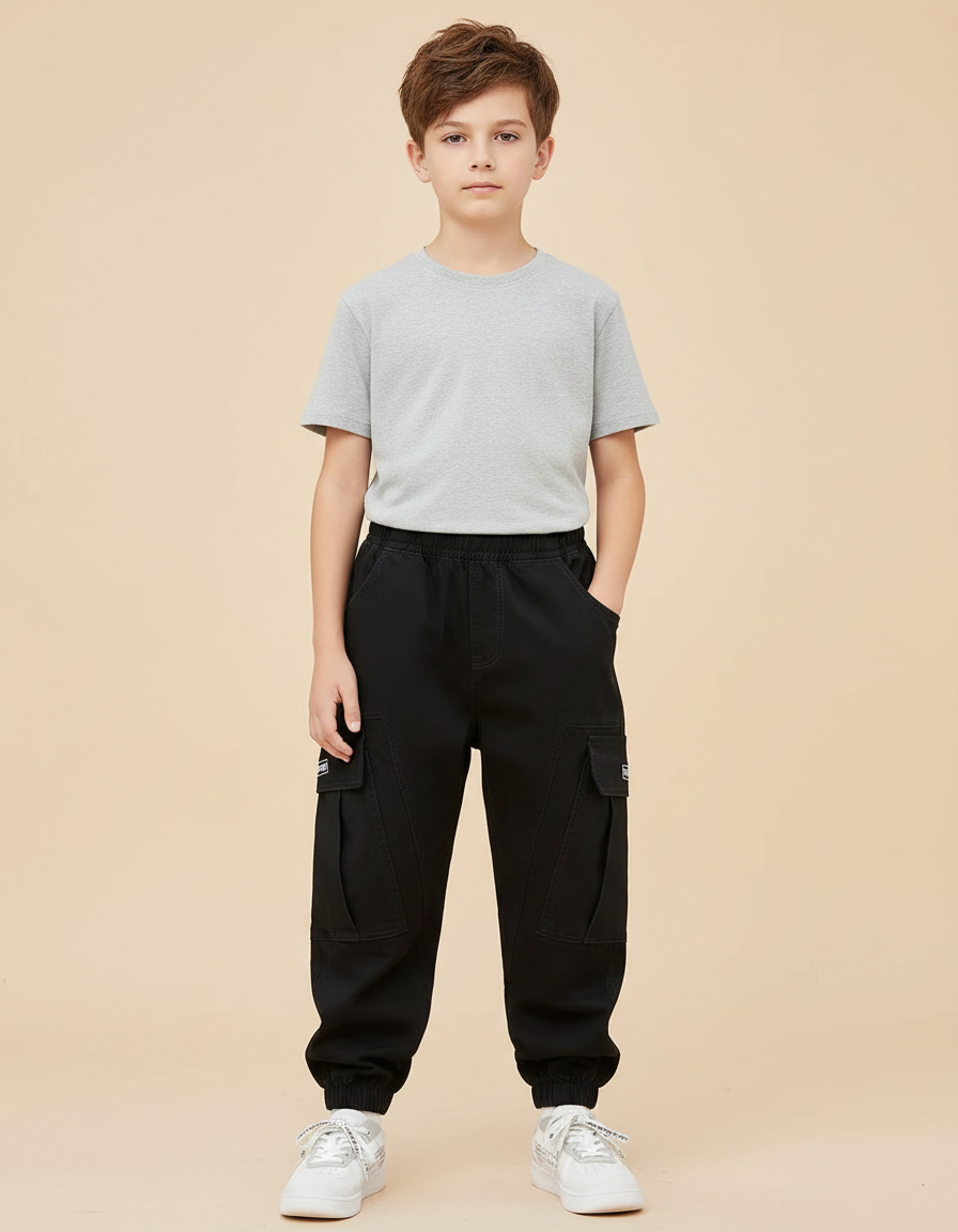 Pantalon Parachute Noir Cargo Ample Garçon Décontracté - Toile