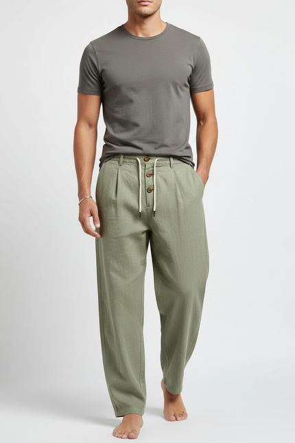Pantalon Parachute Vert Lin Ample Décontracté Homme