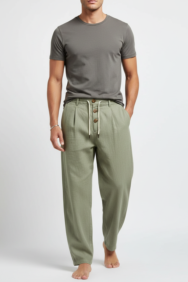 Pantalon Parachute Vert Lin Ample Décontracté Homme
