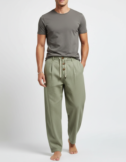 Pantalon Parachute Vert Lin Ample Décontracté Homme
