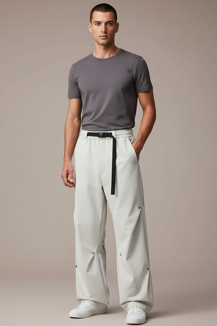 Pantalon Parachute Blanc Cassé Ample Décontracté Ceinture Homme - Polyester