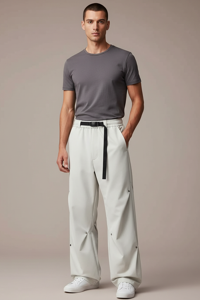 Pantalon Parachute Blanc Cassé Ample Décontracté Ceinture Homme - Polyester