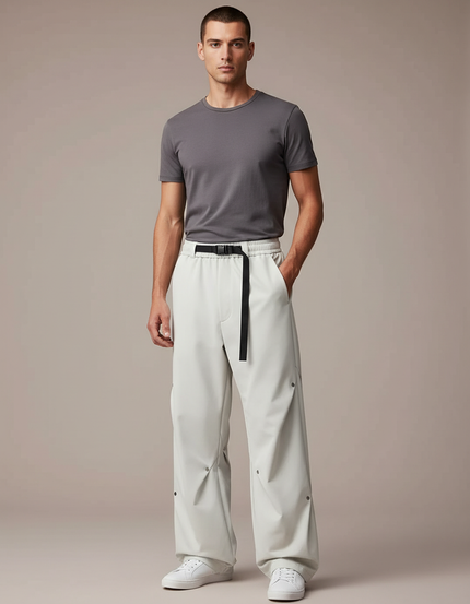 Pantalon Parachute Blanc Cassé Ample Décontracté Ceinture Homme - Polyester