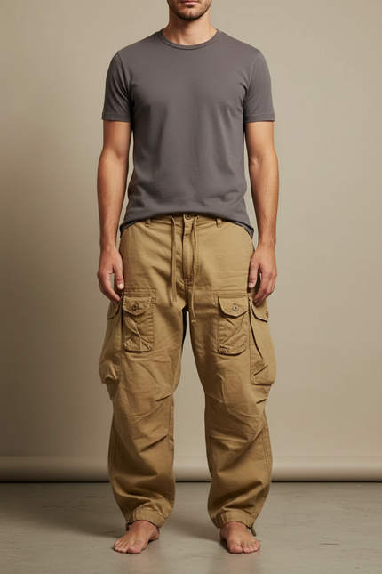 Pantalon Parachute Kaki Ample Multi-Poches Homme - Toile