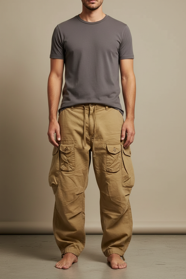 Pantalon Parachute Kaki Ample Multi-Poches Homme - Toile