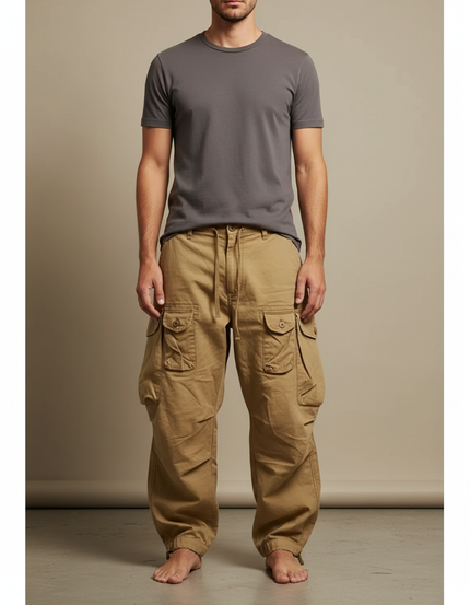 Pantalon Parachute Kaki Ample Multi-Poches Homme - Toile