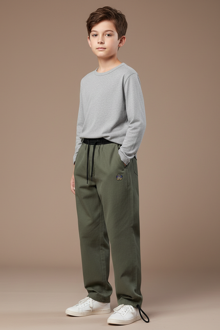 Pantalon Parachute Vert Ample Coton Casual Enfant - Kaki Molleton