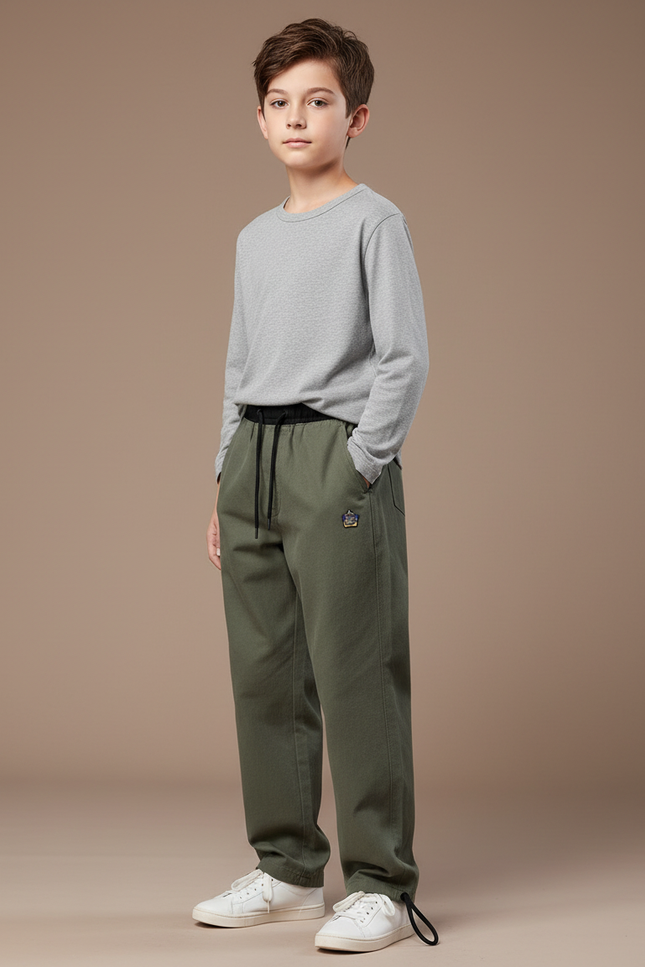 Pantalon Parachute Vert Ample Coton Casual Enfant - Kaki Molleton