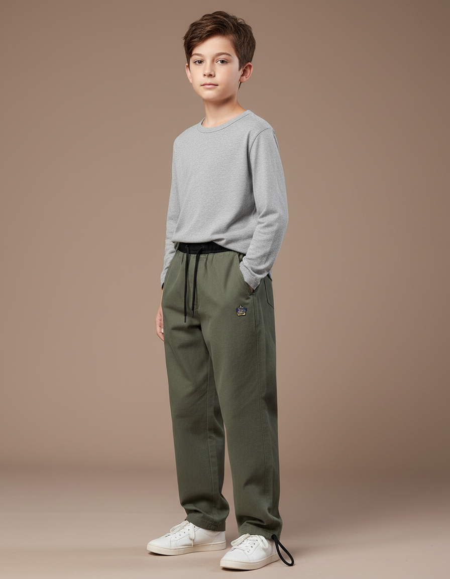 Pantalon Parachute Vert Ample Coton Casual Enfant - Kaki Molleton