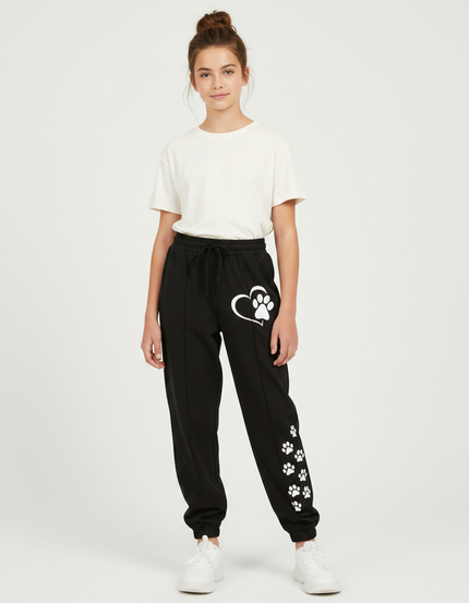 Pantalon Parachute Noir Ample Imprimé Pattes Coton - Molleton