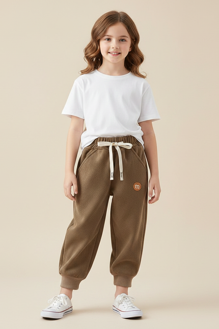 Pantalon Parachute Marron Côtelé Ample Molletonné Enfant