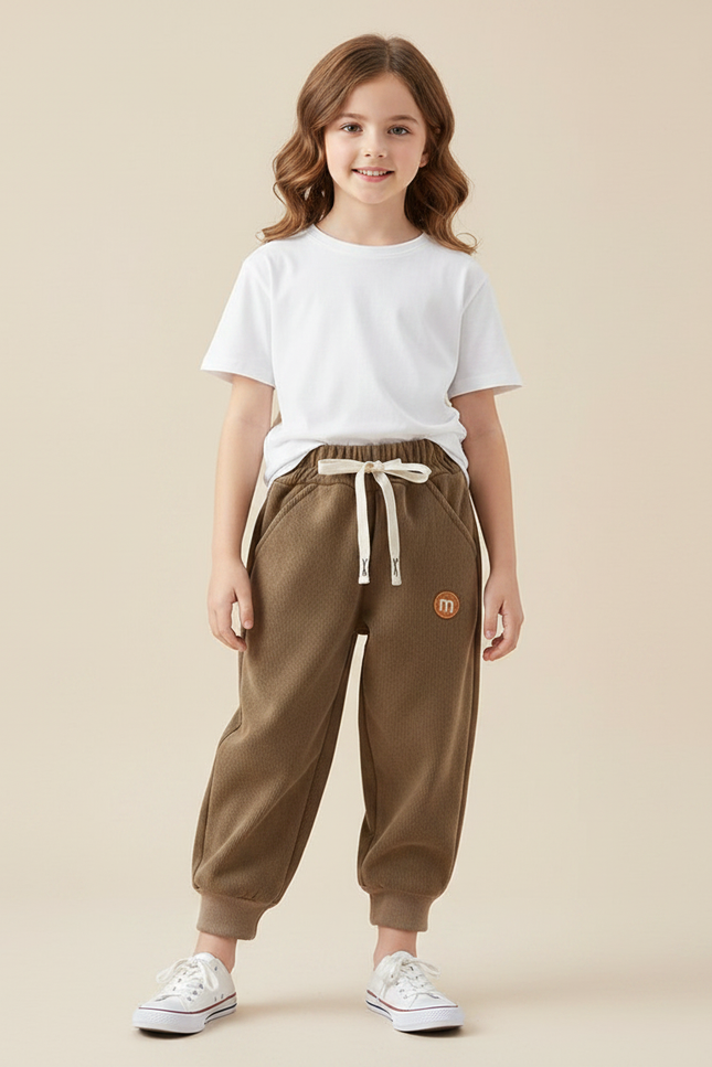 Pantalon Parachute Marron Côtelé Ample Molletonné Enfant
