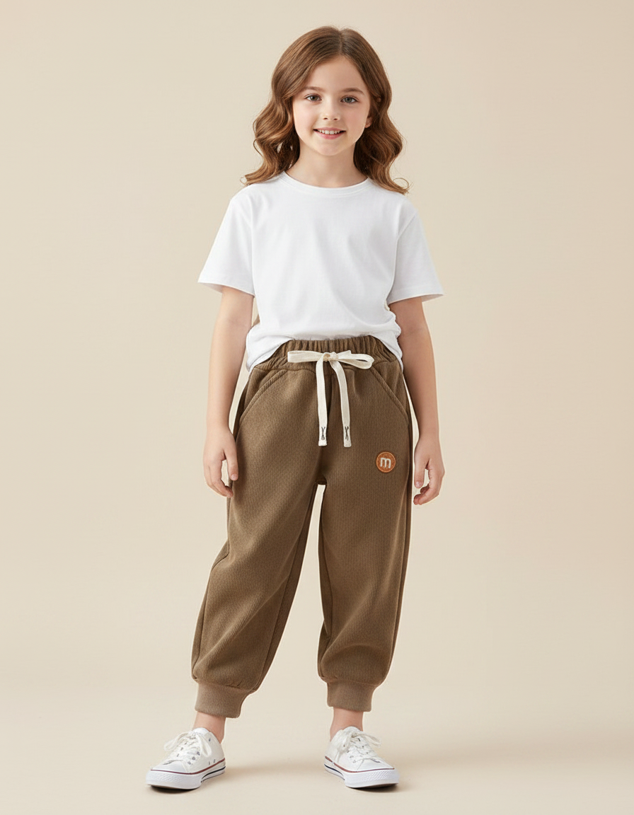 Pantalon Parachute Marron Côtelé Ample Molletonné Enfant
