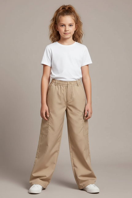 Pantalon Parachute Beige Cargo Ample Décontracté Fille - Coton