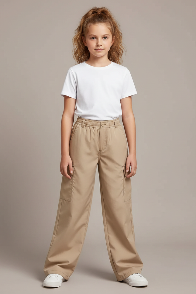 Pantalon Parachute Beige Cargo Ample Décontracté Fille - Coton