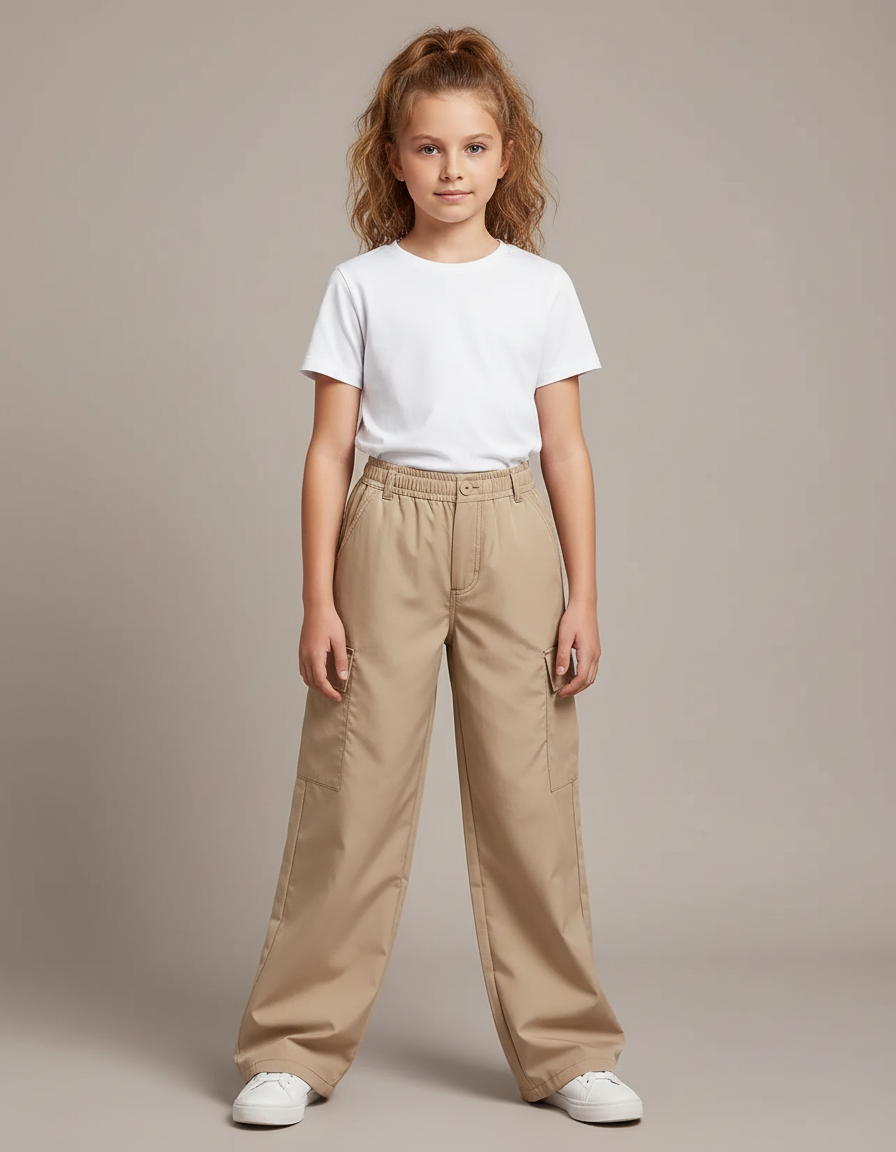 Pantalon Parachute Beige Cargo Ample Décontracté Fille - Coton