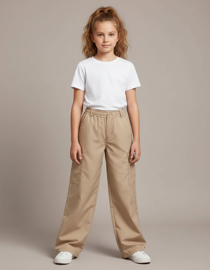 Pantalon Parachute Beige Cargo Ample Décontracté Fille - Coton