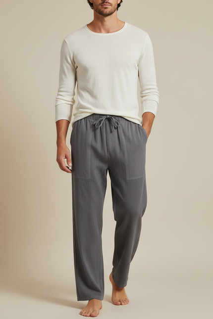 Pantalon Parachute Gris Coton Lin Ample Cordon Homme
