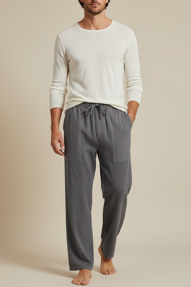 Pantalon Parachute Gris Coton Lin Ample Cordon Homme
