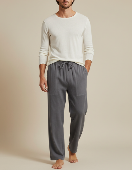 Pantalon Parachute Gris Coton Lin Ample Cordon Homme
