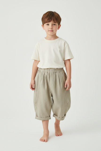 Pantalon Parachute Enfant Coton Ample Beige Rétro