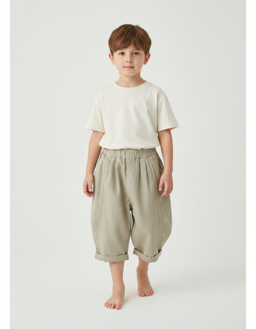 Pantalon Parachute Enfant Coton Ample Beige Rétro