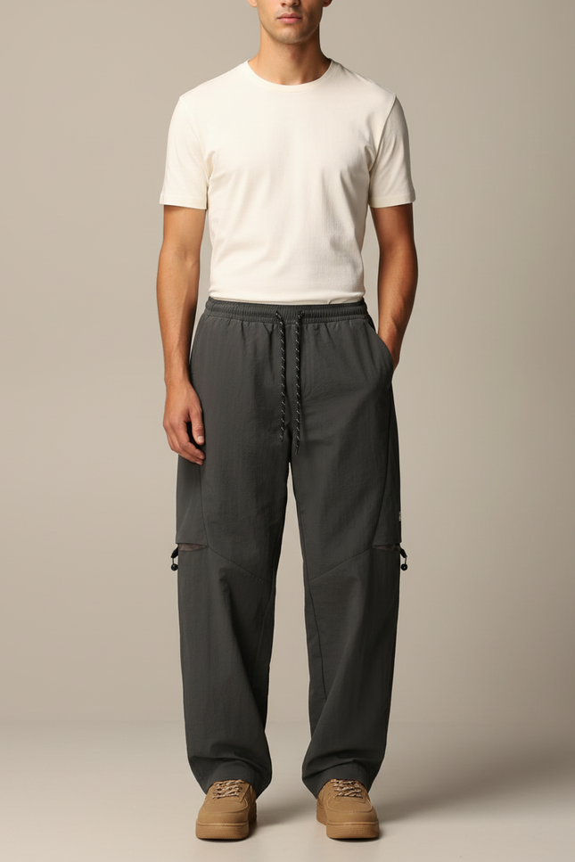 Pantalon Parachute Cargo Gris Ample Zippé Homme - Polyester