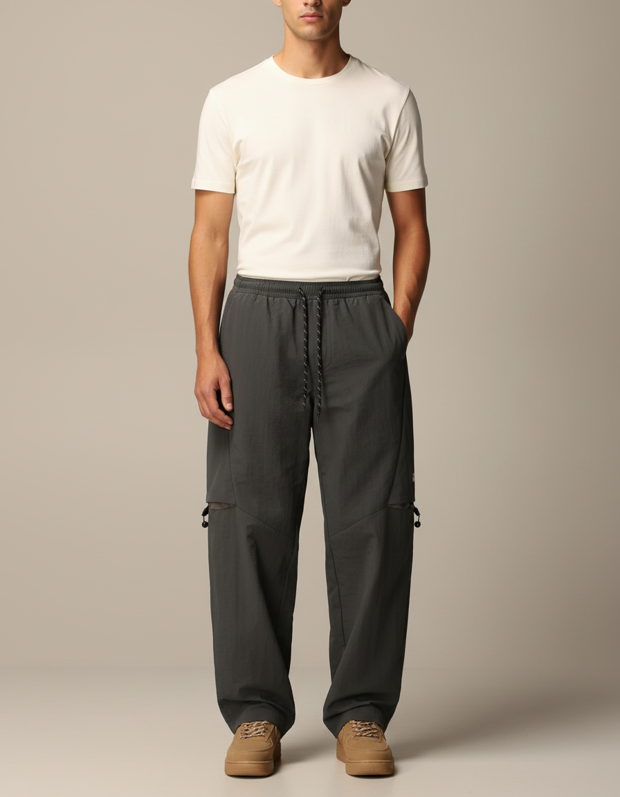 Pantalon Parachute Cargo Gris Ample Zippé Homme - Polyester