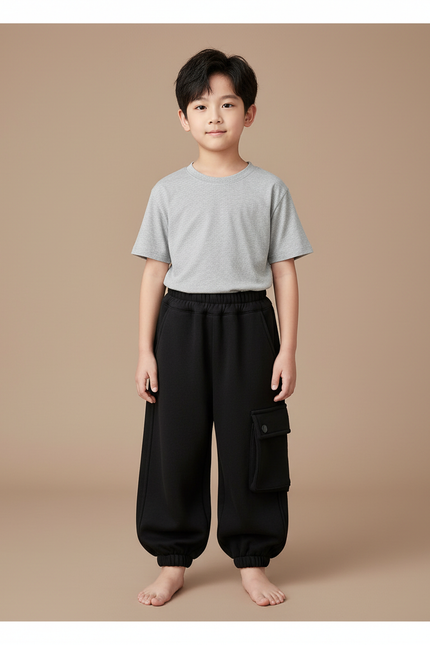 Pantalon Parachute Noir Cargo Molleton Enfant