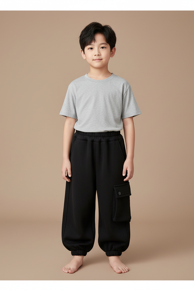Pantalon Parachute Noir Cargo Molleton Enfant