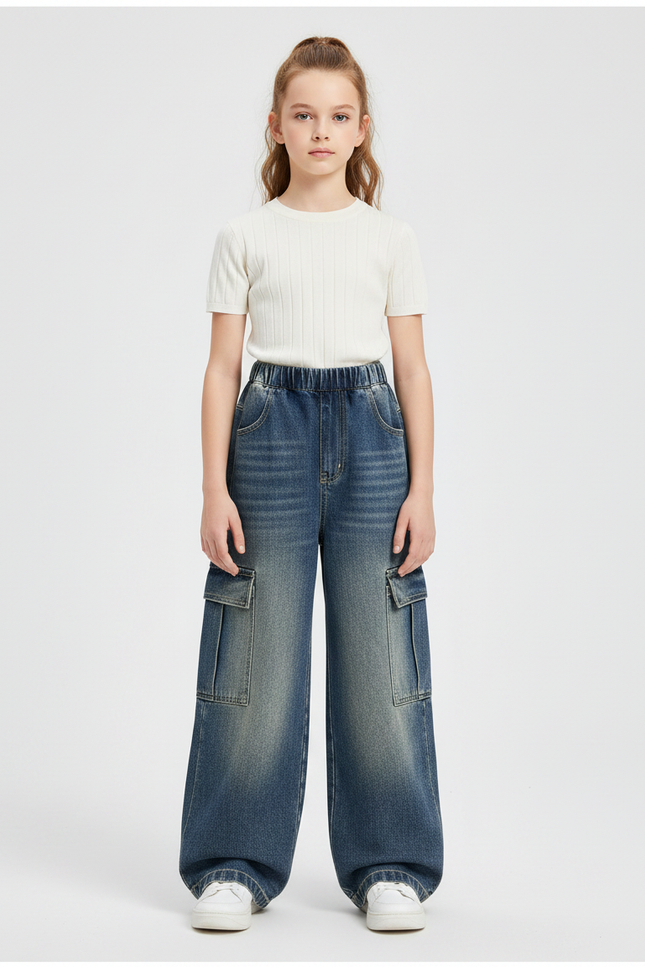 Pantalon Parachute Denim Ample Cargo Fille - Bleu Jean