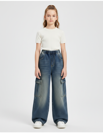 Pantalon Parachute Denim Ample Cargo Fille - Bleu Jean