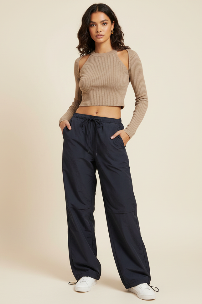Pantalon Parachute Noir Fluide Ample Sport Femme - Polyester