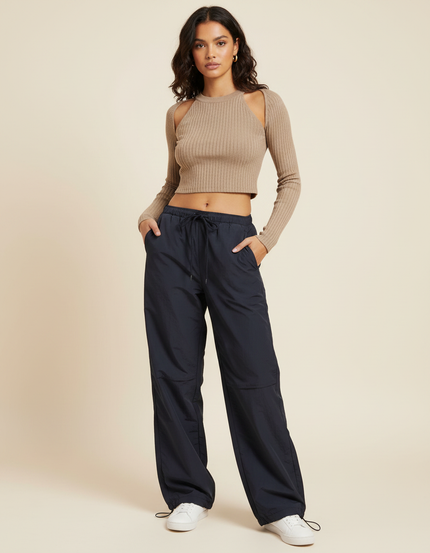 Pantalon Parachute Noir Fluide Ample Sport Femme - Polyester