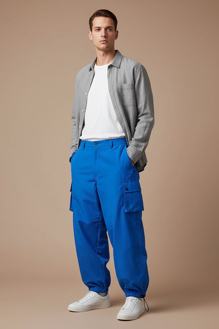 Pantalon Parachute Bleu Cargo Ample Décontracté Homme - Polyester