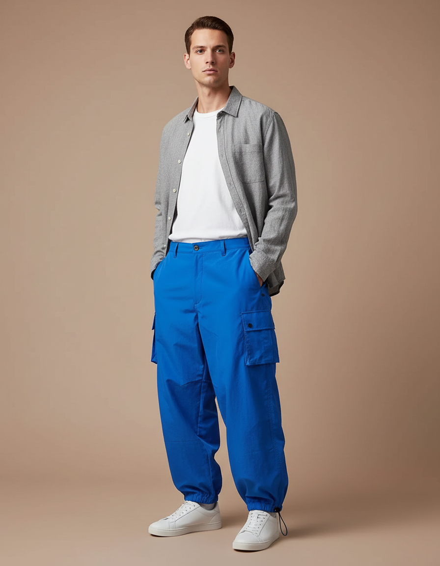 Pantalon Parachute Bleu Cargo Ample Décontracté Homme - Polyester