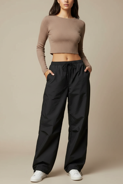 Pantalon Parachute Noir Ample Fluide Cordon Sportif - Polyester
