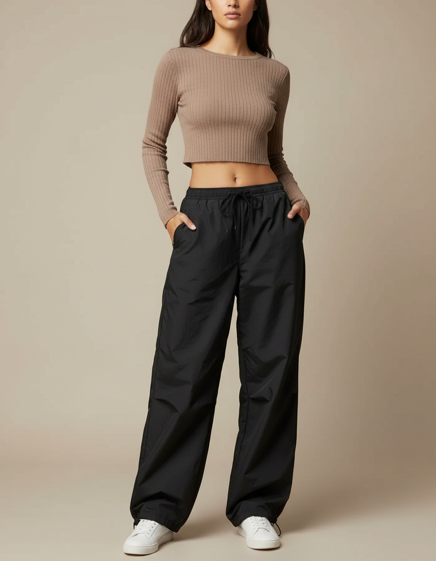 Pantalon Parachute Noir Ample Fluide Cordon Sportif - Polyester