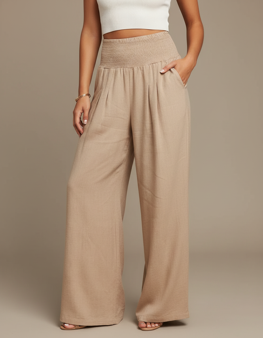 Pantalon Parachute Fluide Ample Smocké Beige Femme - Lin