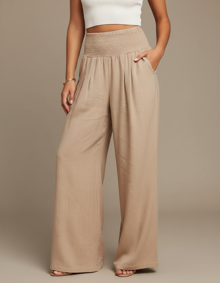 Pantalon Parachute Fluide Ample Smocké Beige Femme - Lin