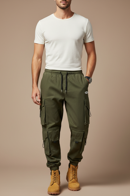 Pantalon Parachute Vert Kaki Cargo Ample Coton Homme - Toile
