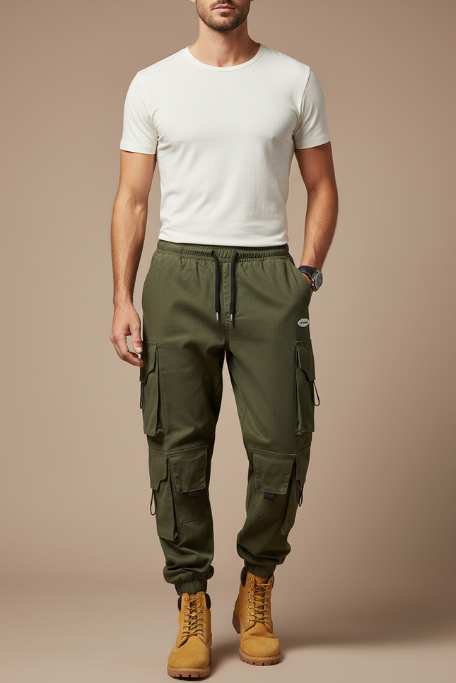 Pantalon Parachute Vert Kaki Cargo Ample Coton Homme - Toile