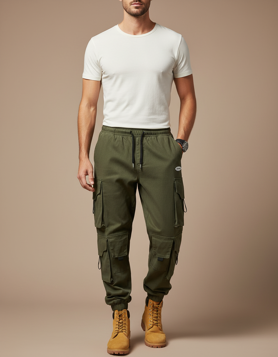 Pantalon Parachute Vert Kaki Cargo Ample Coton Homme - Toile